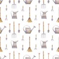 Seamless gardening tools pattern. Watercolor background with cartoon broom, pitchfork, mini forks, shovel for the garden, watering