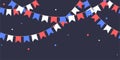 Seamless garland with celebration flags chain, white, blue, red pennons with confetti on dark background, footer and banner for de