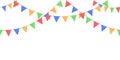 Seamless garland with celebration flags chain, yellow, blue, red, green pennons on white background, footer and banner for decorat