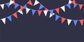 Seamless garland with triangle celebration flags chain, white, blue, red pennons on dark background, footer and banner fireworks