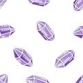 Seamless gems vector pattern. Cartoon hand drawn violet crystal on white background. Flat illustration for textile, wallpaper,