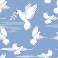 Seamless gentle background. Dove, peace sign, carries a sprig of olive. In minimalist style. Cartoon flat vector