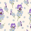 Seamless gentle background with watercolor style forget-me-not and viola. Beautiful pattern. Royalty Free Stock Photo