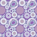 Seamless geometric abstract background in violet tones, decorative different size circles with patterns, rings, pattern suitable