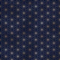 Seamless geometric gold Japanese asanoha pattern. Golden abstract texture on blue background