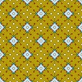 Seamless geometric ornament from curly elements, colored squares and rhombuses, olive background Royalty Free Stock Photo