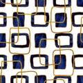 Seamless geometric pattern with abstract blue rectangular spots and golden lines. Hand drawn watercolor illustration for design Royalty Free Stock Photo