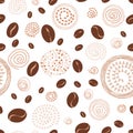Seamless geometric pattern background with coffee beans and hand drawn circle ornate