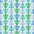 Seamless geometric pattern background of green and blue moths in rows . A nature vector background of insects. Royalty Free Stock Photo