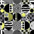 Seamless geometric pattern background, retro style, with circles, squares, paint strokes and splashes, black and white