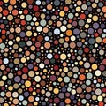 Seamless geometric pattern. Black background with random multicolored small circles. Dotted surface texture. Retro design. Royalty Free Stock Photo