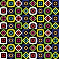 Seamless geometric pattern of bright squares, circles and diamonds on a black background. Vector. Royalty Free Stock Photo