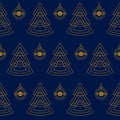 Seamless Geometric Pattern Of Christmas Trees and Christmas Balls. New Year. Gold Pattern On A Dark Blue Background. For Royalty Free Stock Photo
