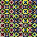 Seamless geometric pattern. Diamonds, circles, squares with rounded corners on a black background. Vector. Royalty Free Stock Photo