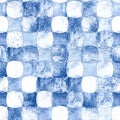 Seamless geometric pattern with grunge monochrome blue navy watercolor abstract overlapping shapes checkered background Royalty Free Stock Photo