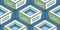 Seamless geometric pattern with interlocking blue and green cubes in a modern 3D abstract isometric design Royalty Free Stock Photo