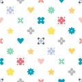 Seamless geometric pattern of multicolored icons of flowers on a white background.