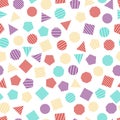 Seamless geometric pattern with multicolored squares, triangles, circles, pentagons, hexagons and heptagons for tissue and postca