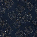 Seamless geometric pattern on navy background with paint splashes. Abstract gold polygonal geometric shapes / crystals Royalty Free Stock Photo