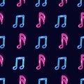 Seamless geometric pattern with neon icons of music notes on dark background. Music concept for print or wrapping paper