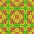 Seamless geometric pattern of pink and green diamonds and squares on a green background.