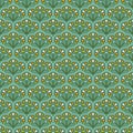 Seamless geometric pattern. Repeating curly elements of three abstract colors, bluish-green background