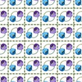 Seamless geometric pattern of square tiles separated by rhombus borders. Round elements of purple and blue tulips, white Royalty Free Stock Photo