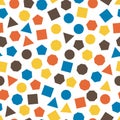 Seamless geometric pattern with squares, triangles, circles, pentagons, hexagons and heptagons for tissue and postcards.