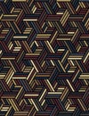 Seamless geometric pattern with striped hexagons on a black background. Small multicolored rectangles. Graphic vector texture. Royalty Free Stock Photo