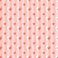 Seamless geometric pattern with stripes and hearts. Vector repeating texture in polka dot style in pink, orange and red colours. Royalty Free Stock Photo