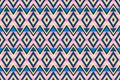 Seamless geometric pattern with triangles and rhombuses on pink stripes. Classic blue, lemon and pink.