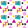 Seamless geometric pattern with triangles, dots, zigzags and circles