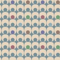 Seamless geometric surface pattern of bright polka dots in gray blue cells on cream background. Repeat modern background for