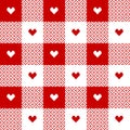 Seamless geometric vector pattern with hearts for Valentine`s Day. Pixel textured red white gingham check plaid for gift paper. Royalty Free Stock Photo