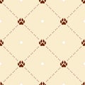 Seamless Geometrical Colorful Pattern With Dog Paw Prints. Simple And Minimal Flat Background With Pet Footprint And Bones In