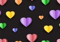 Seamless gift wrapping and wallpaper colorful hearts colors of pride flag and LGBT right in papercut style isolated on black