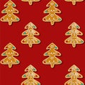 Seamless gingerbread christmas tree cookie. Pattern, red background