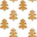 Seamless gingerbread christmas tree cookie. Pattern white background