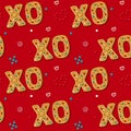 Seamless gingerbread XO phrase cookie. Christmas kiss and hug. Pattern, red background. Festive homemade sweets. Vector