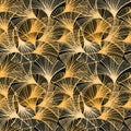 Seamless ginkgo leaf pattern, hand-drawn in sketch style. Leaves in different angles and colors on a dark background