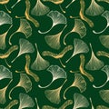 A seamless ginkgo and maple leaf pattern in sketch style. Orange leaves on a dark green background. Leaves in the