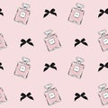 Seamless glamour pattern with cologne perfume and bows in hand drawn style. Fragrance bottle seamless pattern. Hand drawn perfumer