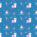 seamless glass pattern with soda water, muffin and ice cream