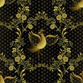 Seamless gold with black pattern. Ornate decorated background with flowers and birds.. Design in the style of folk painting on