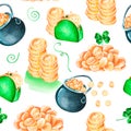 Seamless gold leprechaun pattern. Watercolor illustration. Isolated on a white background