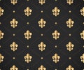 Seamless gold pattern with fleur-de-lys on a dark black background. Vector Illustration. Royalty Free Stock Photo