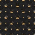 Seamless gold pattern with king crowns and fleur-de-lys on a dark black background. Vector illustration.