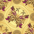 Seamless gold pattern with vintage butterflies