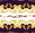 Seamless Golden Chains and Belts Pattern. Repeat Antique Decorative Baroque for Decor, Fabric, Prints, Textile. with Black and Whi