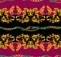 Seamless Golden Chains and Belts Pattern. Repeat Antique Decorative Baroque for Decor, Fabric, Prints, Textile. with Dark Pink and Royalty Free Stock Photo